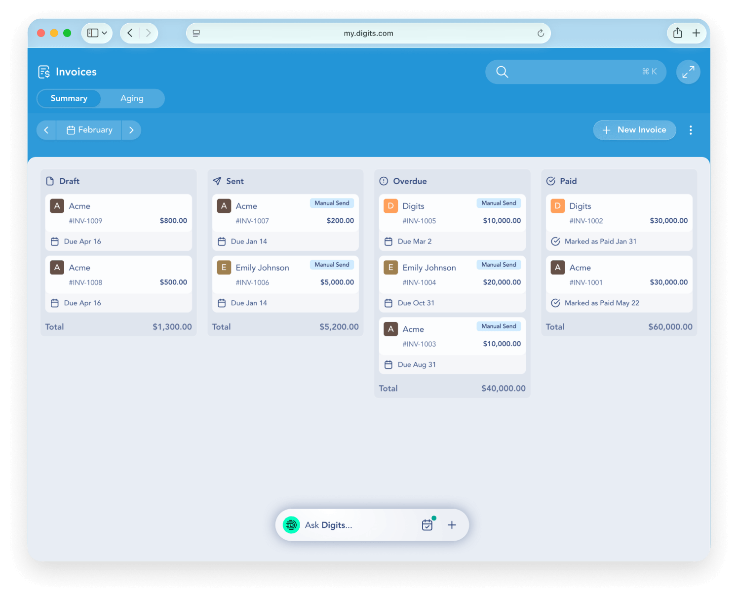 Digits Invoices screen
